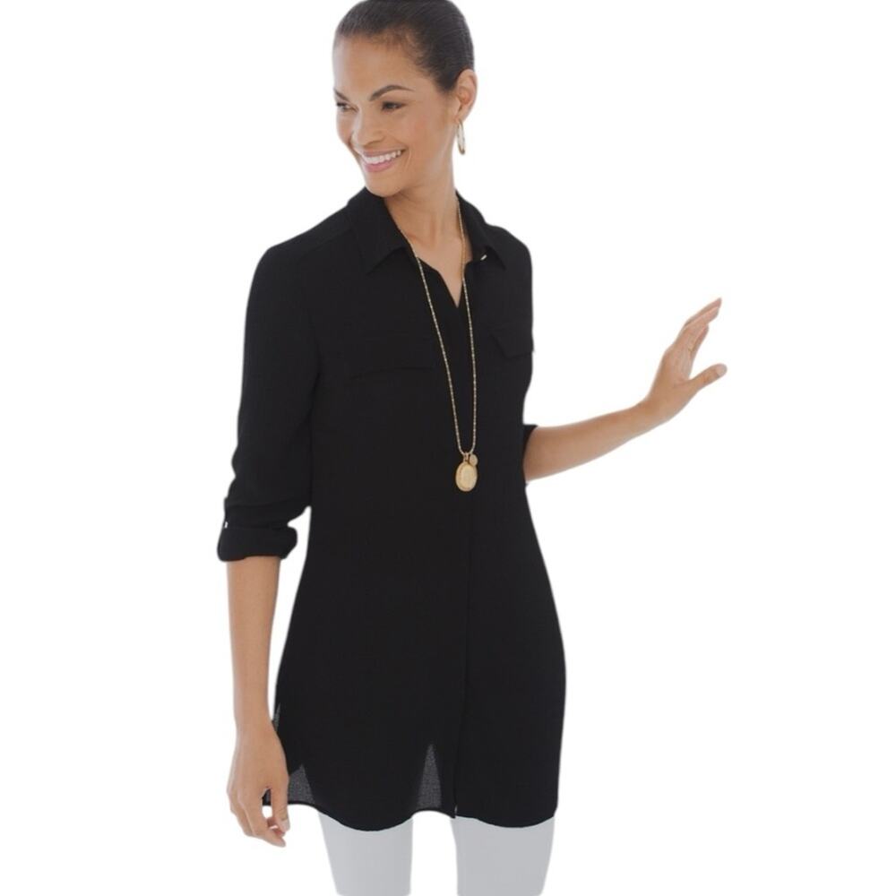 Chico’s Long Sleeve Drama Black Textured Tunic Shirt NWT size M / 12 / 2